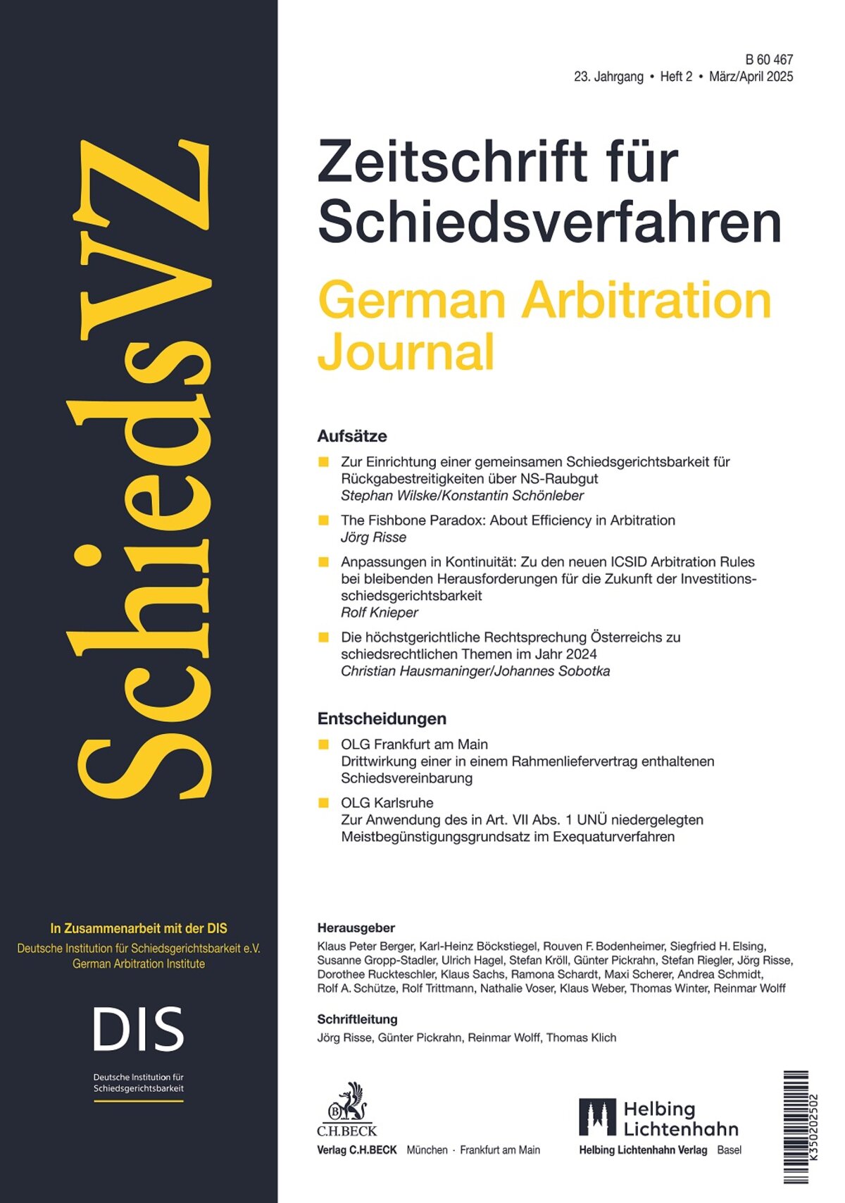 German Arbitration Institute (DIS): SchiedsVZ Issue 2/25